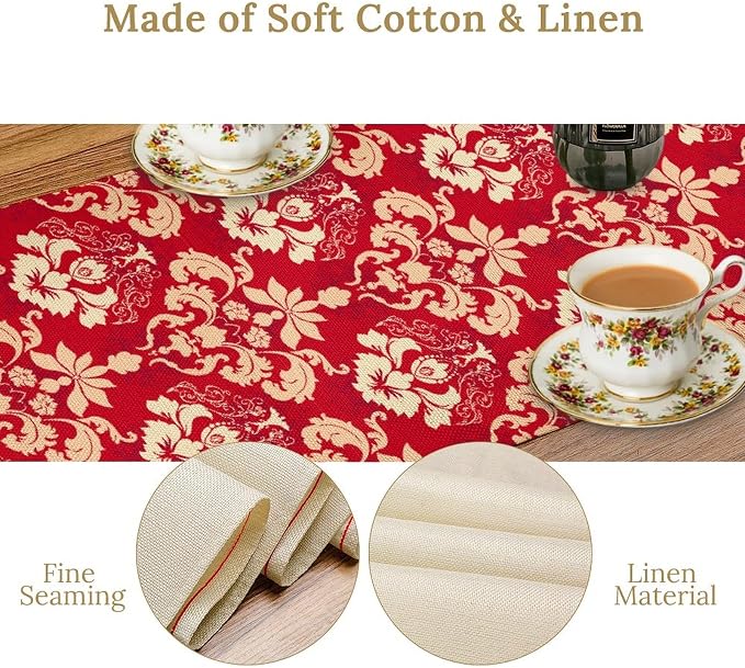 Damask Table Runner, Rustic Gothic Red Baroque Style Floral Boho Flower Antique - Image 6