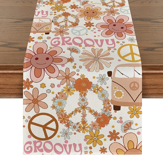 Artoid Mode Daisy Flower Peace and Love Table Runner, Wreath Float Groovy by ArtoidMode