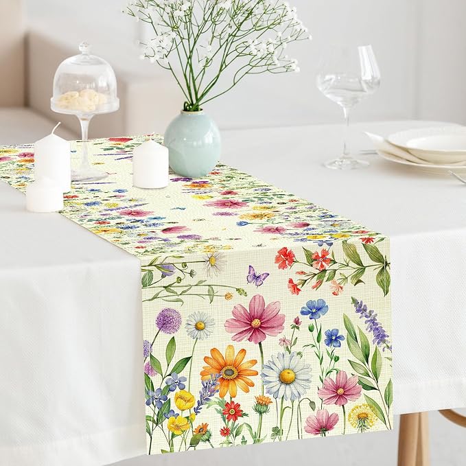Daisy Tulip Lavender Floral Leaves Summer Table Runner, Spring Home Kitchen - Image 6