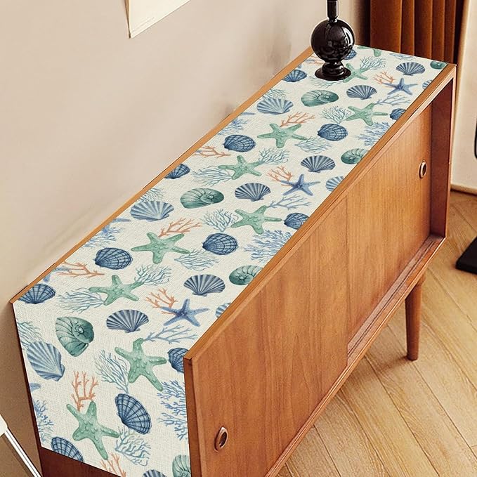 Nautical Table Runner, Summer Sea Coastal Starfish Seashells Coral Tropical - Image 3