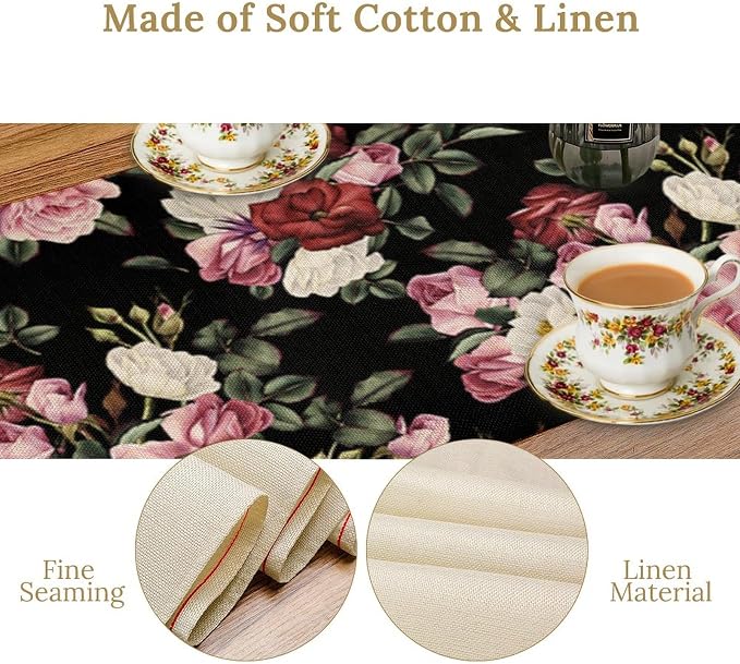 Gothic Floral Table Runner, Vintage Pink Red Rose Flower Print Table Runner - Image 7