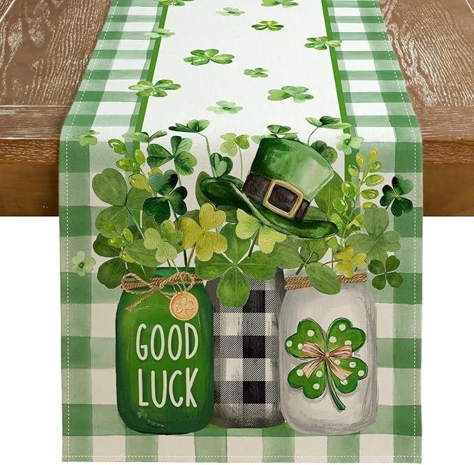 GEEORY St. Patrick's Day Table Runner 13 x 108 Inch, Shamrocks Plaid Mason Jar by GEEORY