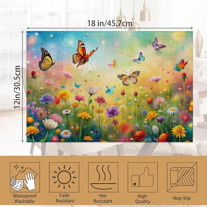 Placemats Set of 6, Colorful Butterfly Table Mats, Flowers Washable Linen Table - Image 6