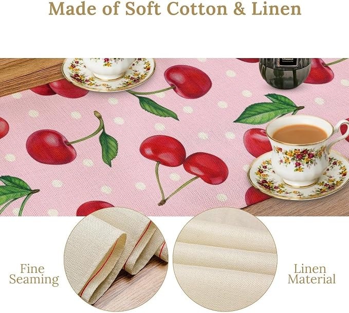 Red Cherry Table Runner, Tropical Fruit Polka Dot Print Table Runner - Image 4