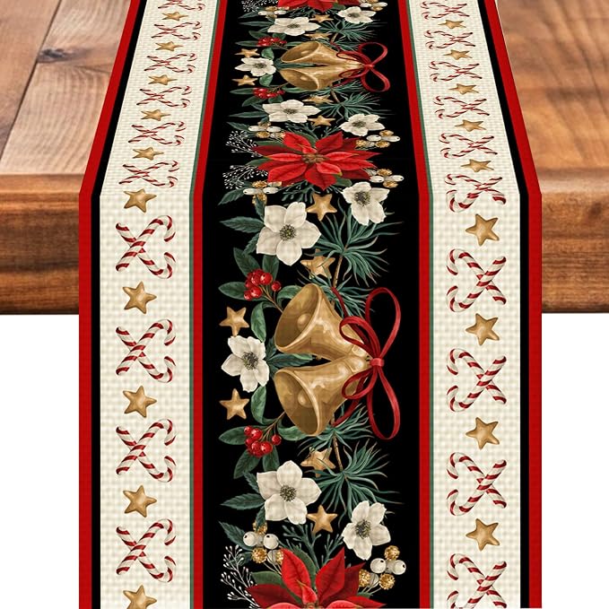 Christmas Bells Table Runner Burlap Kitchen Dining Linen Table Decoration by Worltoldb