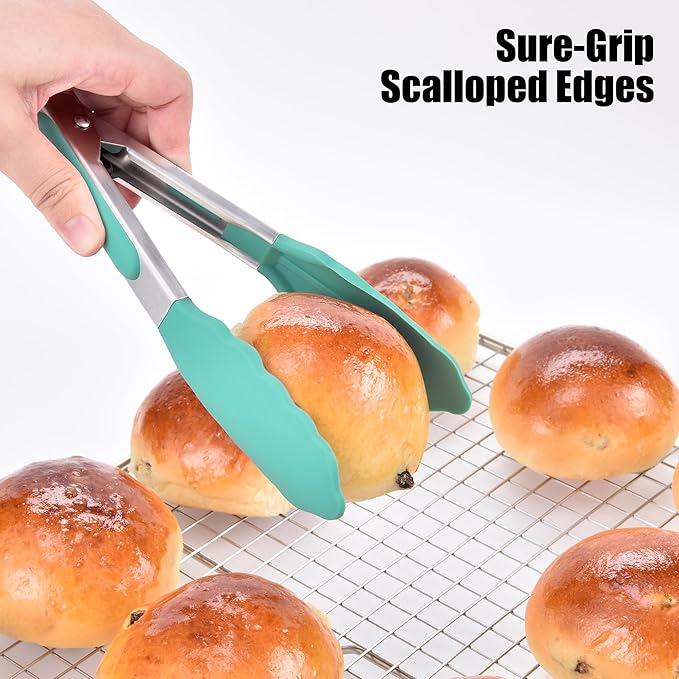 Tongs with Silicone Tips, 10.51-Inch Stainless Steel Locking Tongs, Aqua Sky