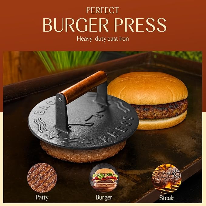 Heavy-Duty Cast Iron Burger Press 8.5 Inch Round Burger Smasher, Grill Press - Image 4