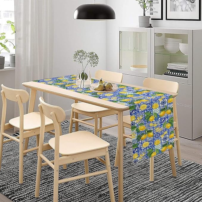 Tiles Lemon Table Runner Blue White Yellow Vintage Rustic Summer Fruit Chic - Image 5