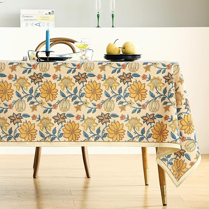 ISAENNE Designer Bohemian Floral Rectangular Tablecloth, Linen Colorful Table - Image 2