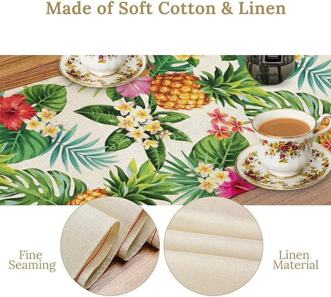 Summer Pineapple Table Runner, Tropical Palm Leaves Flowers Fruit Table Runner - Image 4