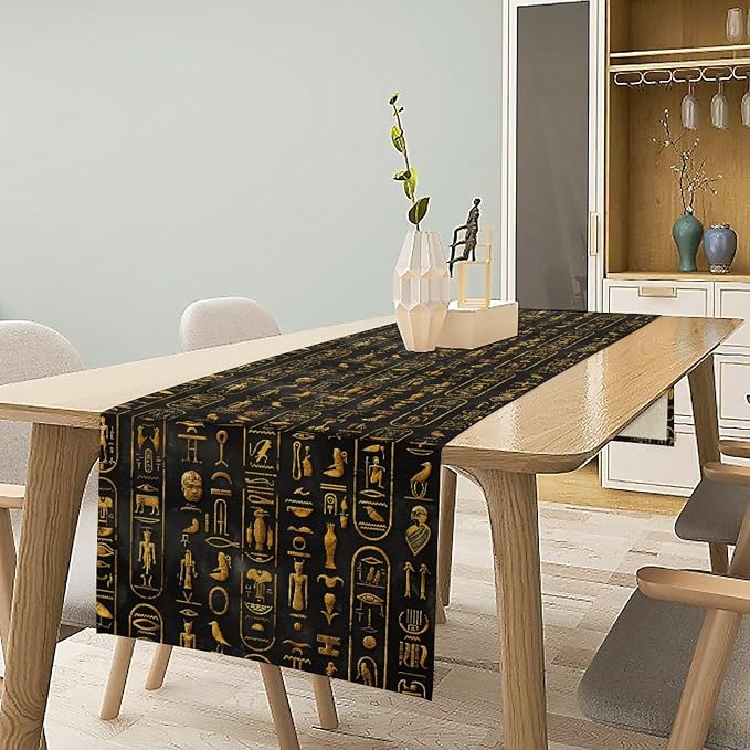 Egyptian Table Runner, Retro Egypt Mythology African Hieroglyphics Alphabet - Image 3