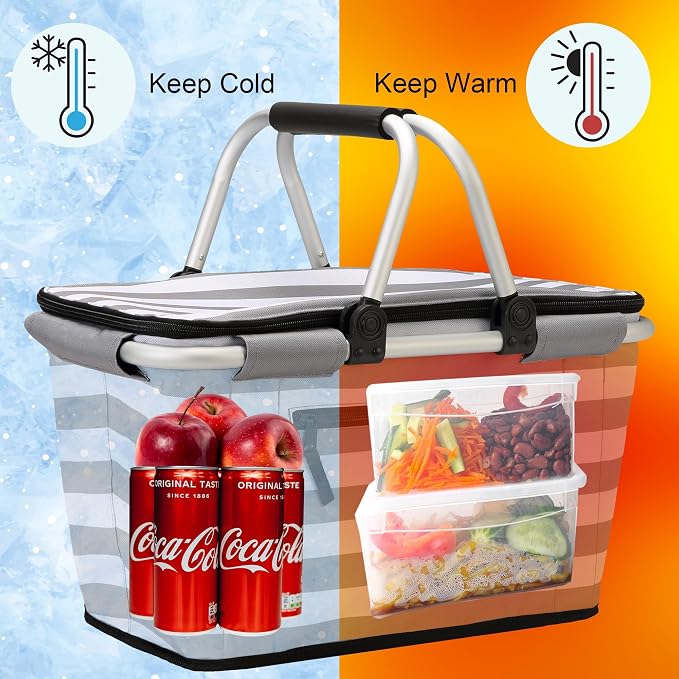 SIYUAN 30L Picnic Basket with Handles Leakproof Large Stripped Insulated Cooler - Image 5