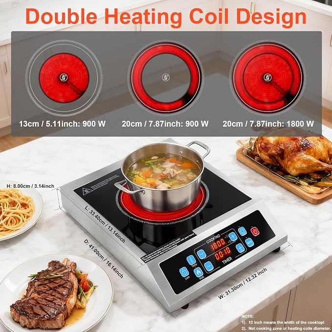 Dual Coils Design of Stainless Steel Single Burner Electric Cooktop, 1800W - Image 3