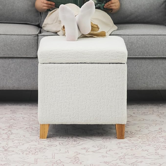 Adeco 18 Inch High Faux Fur White Cube Ottoman Storage, 3D Embossed Velvet - Image 8