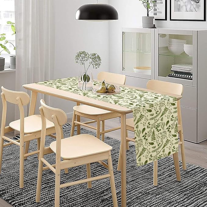 Green Leaves Table Runner, Spring Summer Herbs Botanical Natural Plants Print - Image 4