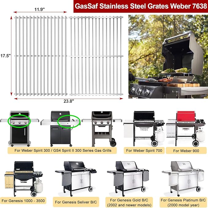 GasSaf 304SS Grill Grates 17.5 for Weber Spirit 300 and GS4 II 300, Cooking - Image 2