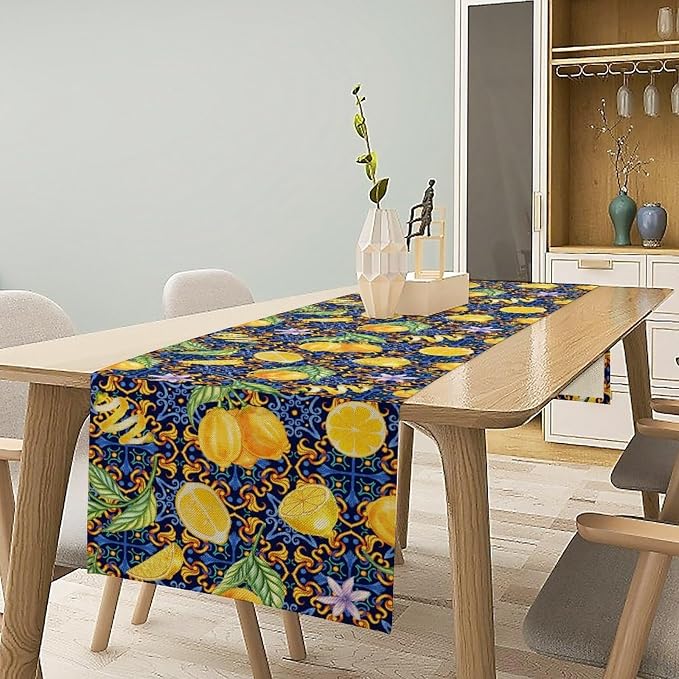 Yellow Lemon Table Runner Vintage Retro Summer Fruit Blue White Floral Printed - Image 2