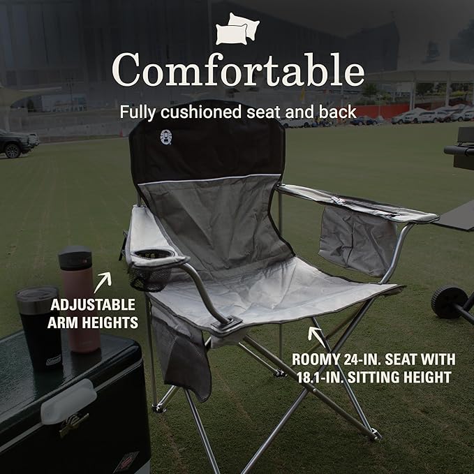 Grey Portable Camp Chair with 4-Can Arm Cooler and Carry Bag