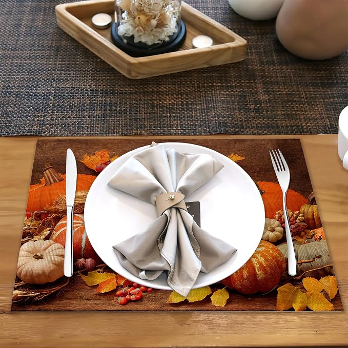 Orange Pumpkins Linen Placemats Set of 6, 12x18 Inch Fall Thanksgiving Washable - Image 5