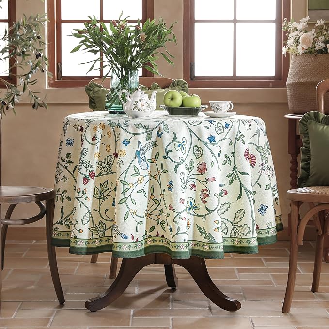 Linen 55 Inch Round Tablecloth, Wrinkle Resistant French White and Green - Image 2