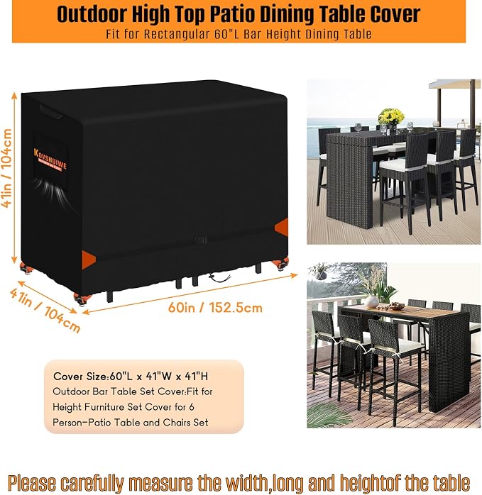 Kovshuiwe 60" L x 41" W x 41" H Bar Height Patio Table Dining Covers 600D - Image 2