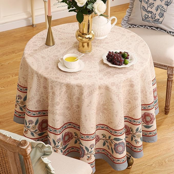 Designer Floral Linen Round Tablecloth, Vintage Indian Wrinkle Resistant - Image 9