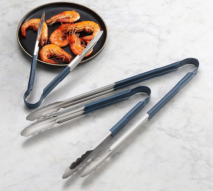 Tongs, 9-Inch Stainless Steel Serving Tongs with Blue Vinyl Handles