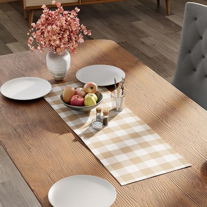 Encasa XO Cotton Dining Table Runner | Buffalo Beige Checks | Size 13x36 in - Image 3