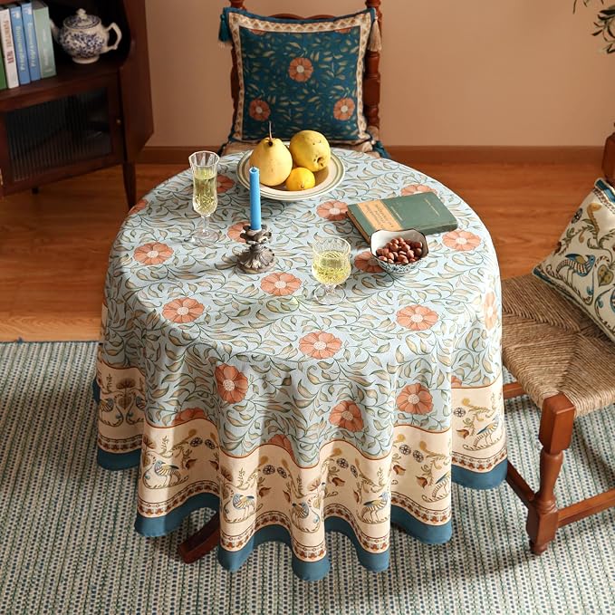 patdrea Designer French Linen Blue Round Table Cloth, Vintage Floral Tablecloth - Image 7