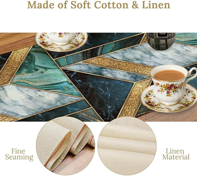 Marble Table Runner, Dark Green Gold Modern Mosaic Design Table Runner - Image 4