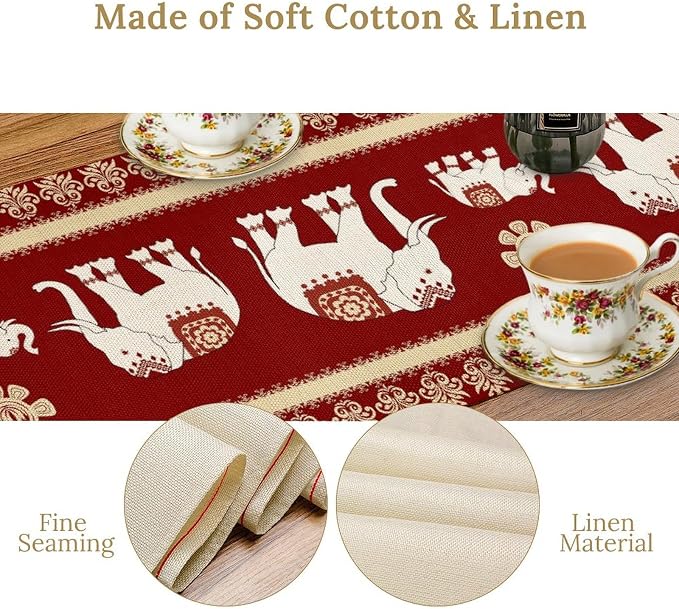 African Tribe Table Runner, Boho Red Elephants Tribal Traditional Diwali India - Image 6