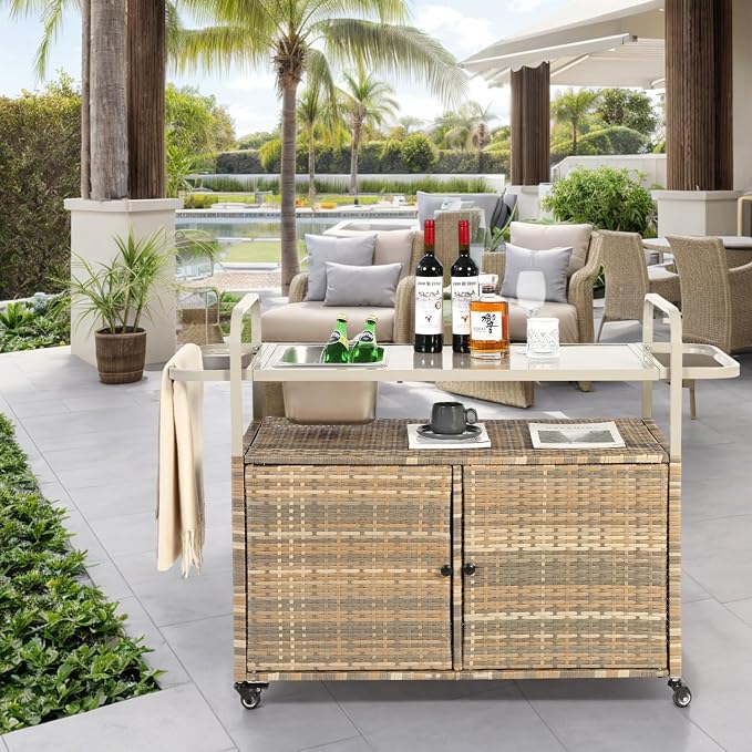 Outdoor Table, Wicker Cart by Unknown