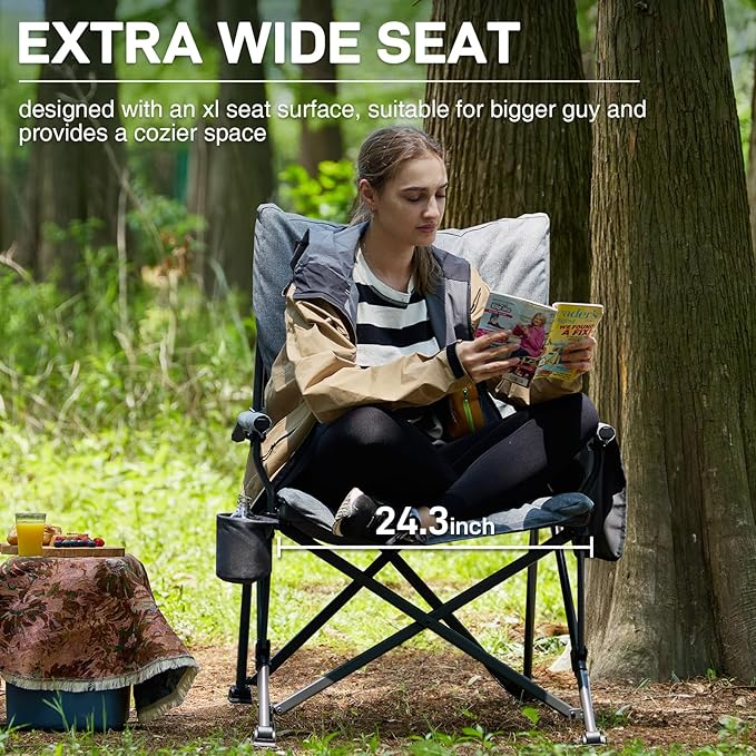 Folding Camping Chair 2-Pack, Grey, Padded High Back, Steel Frame