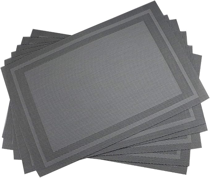Gugrida Placemats Set of 6 Plaid Checkered Silver Grey PVC Placemat by Gugrida