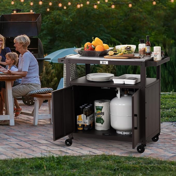 Outdoor Grill Cart with Stainless Steel Tabletop and Storage Cabinet, Movable - Image 7