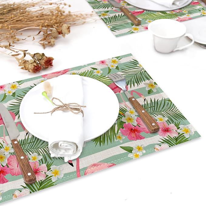 Flamingo Flowers Linen Placemats Set of 6, 12x18 Inch Tropical Leaves Washable - Image 6
