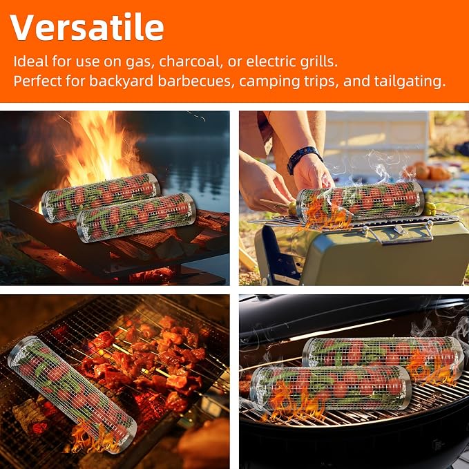2PCS Grill Basket, Vegetable Grill Basket, Rolling Grill baskets - Image 4