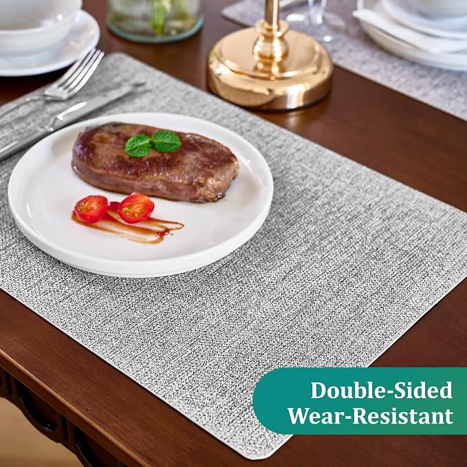 FOCUSLINE Faux Leather Placemats Set of 6, Light Grey Table Place Mats - Image 4