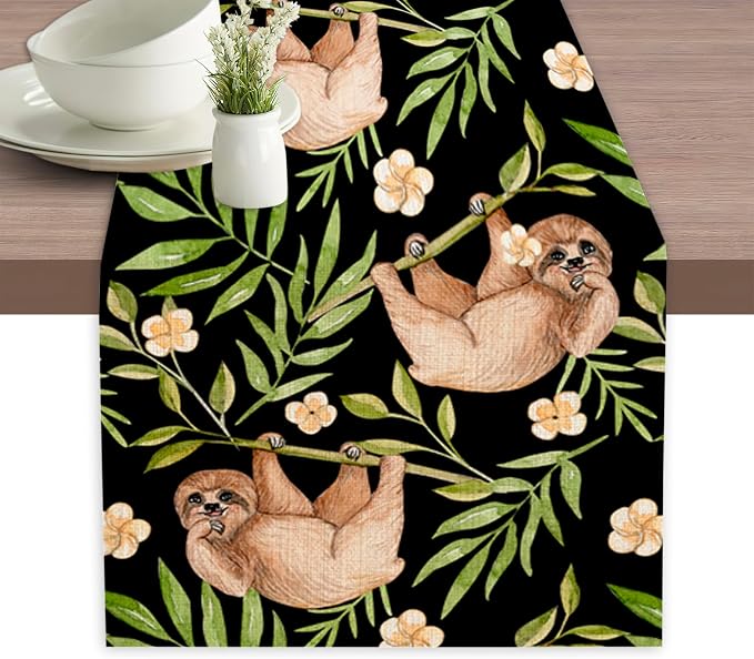 Funny Cute Sloth Flower Table Runner Dresser Scarves Seasonal Linen Tablerunner by Elightvap