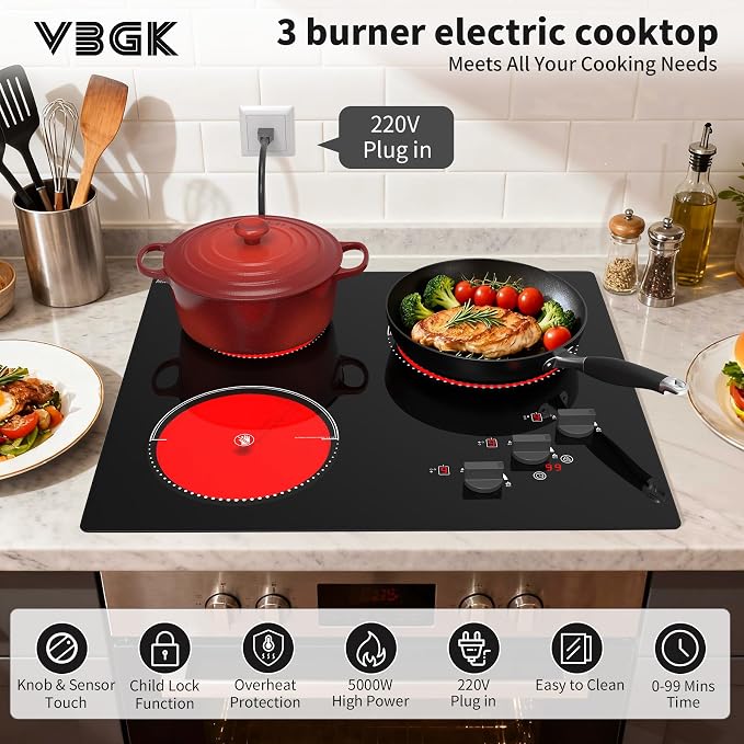 VBGK Electric Cooktop, 24 inch 220V Stove Top, Touch and Knob Control, 9 Power - Image 2