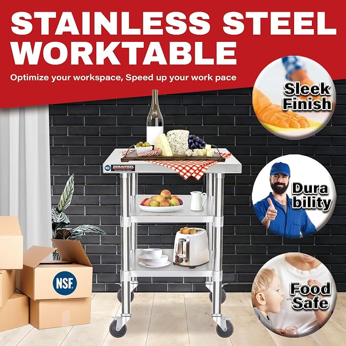 DuraSteel Stainless Steel Work Table 24" x 18" x 34" Height w/ 4 Caster Wheels - Image 3