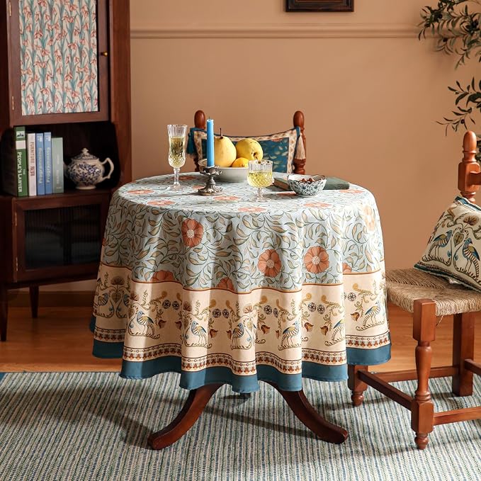 patdrea Designer French Linen Blue Round Table Cloth, Vintage Floral Tablecloth - Image 2