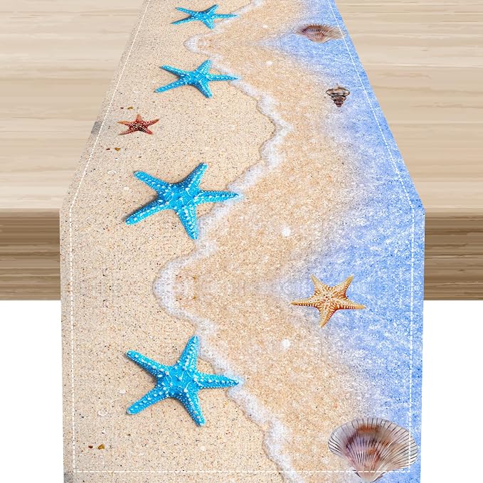 Summer Beach Table Runner, Nautical Starfish Coastal Seashell Ocean Blue Sea by Unknown