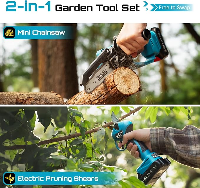 SEESII Mini Chainsaw & Pruning Shears: 6" Electric Saw Brushless & 1.3" Pruner - Image 2