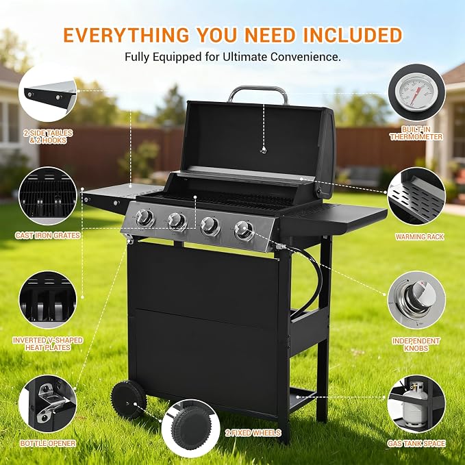 4-Burner Gas Grill with Side Burner & Cover, 51000 BTU Stainless Steel Outdoor - Image 6