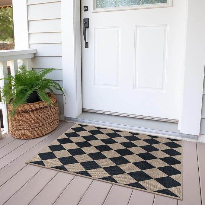 Easy Jute Checkered Entryway Rug, 2x3 Black Modern Indoor Outdoor Doormat - Image 5
