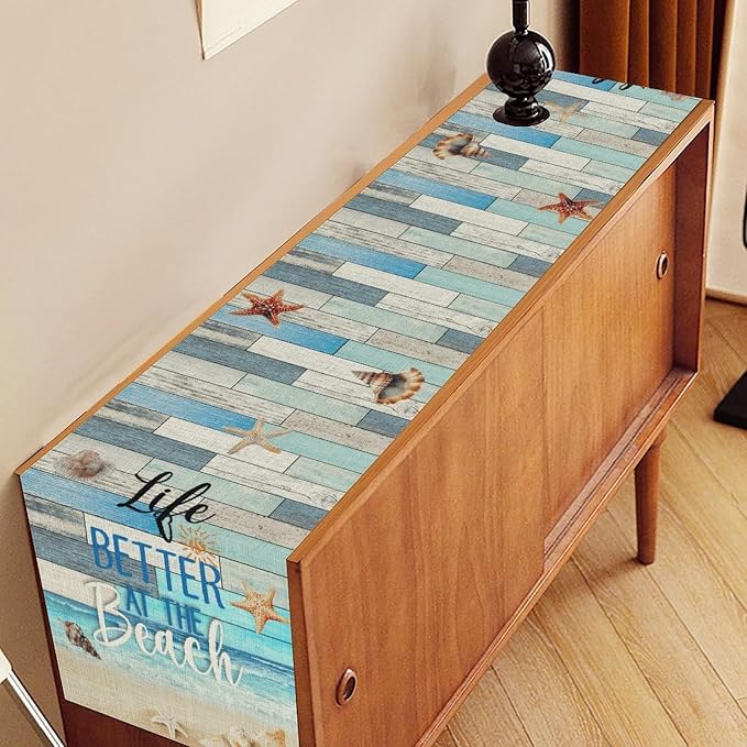 Summer Beach Table Runner, Nautical Starfish Seashell Ocean Retro Wooden Plank - Image 3