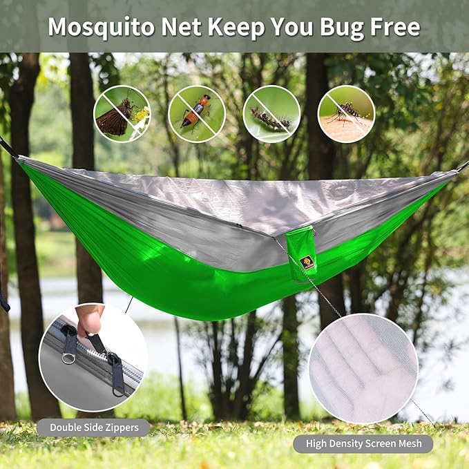 Double Nylon Hammock with Mosquito Net, Green and Grey