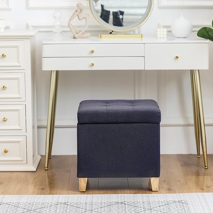 Homebeez Tufted Grainy Linen Fabric Storage Ottoman Square Cube Foot Rest Stool - Image 6
