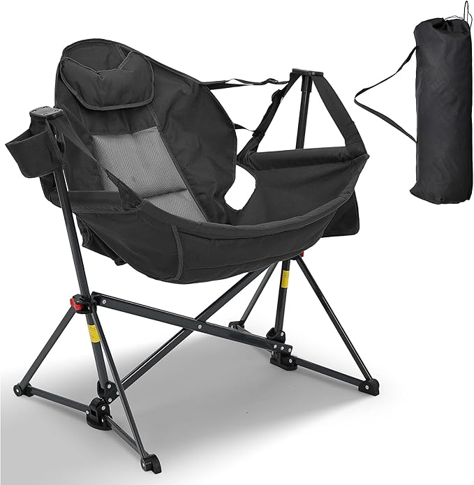 Camping Chair Hammock Rocker, Adjustable Recline, Black Polyester
